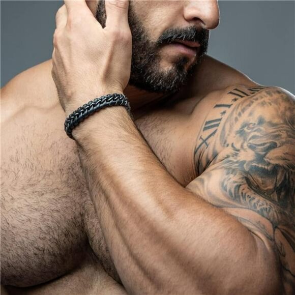 Mens Black Leather Bracelet Braided Adjustable Magnetic Clasp Gift Box - Picture 5 of 7